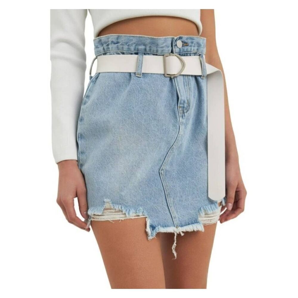 Grey Lab Belted Jean Skirt Distressed Frayed Sz M New